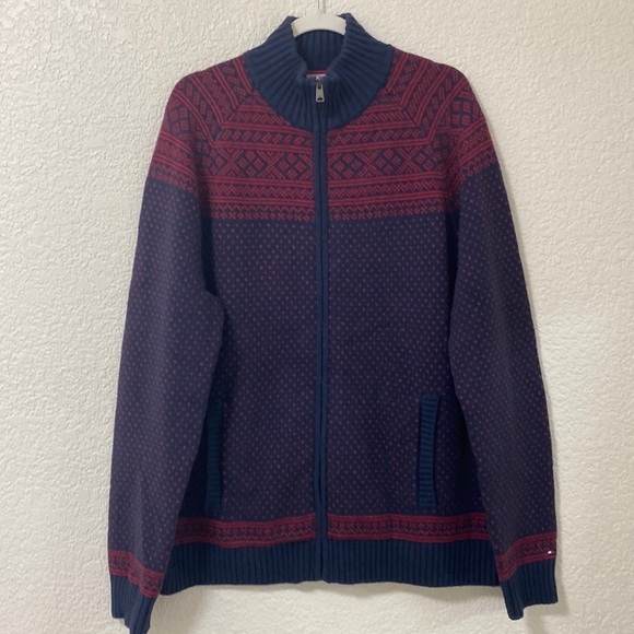 Tommy Hilfiger Men's XL Cotton Blend Patterned Zip up Sweater Blue - Picture 1 of 11